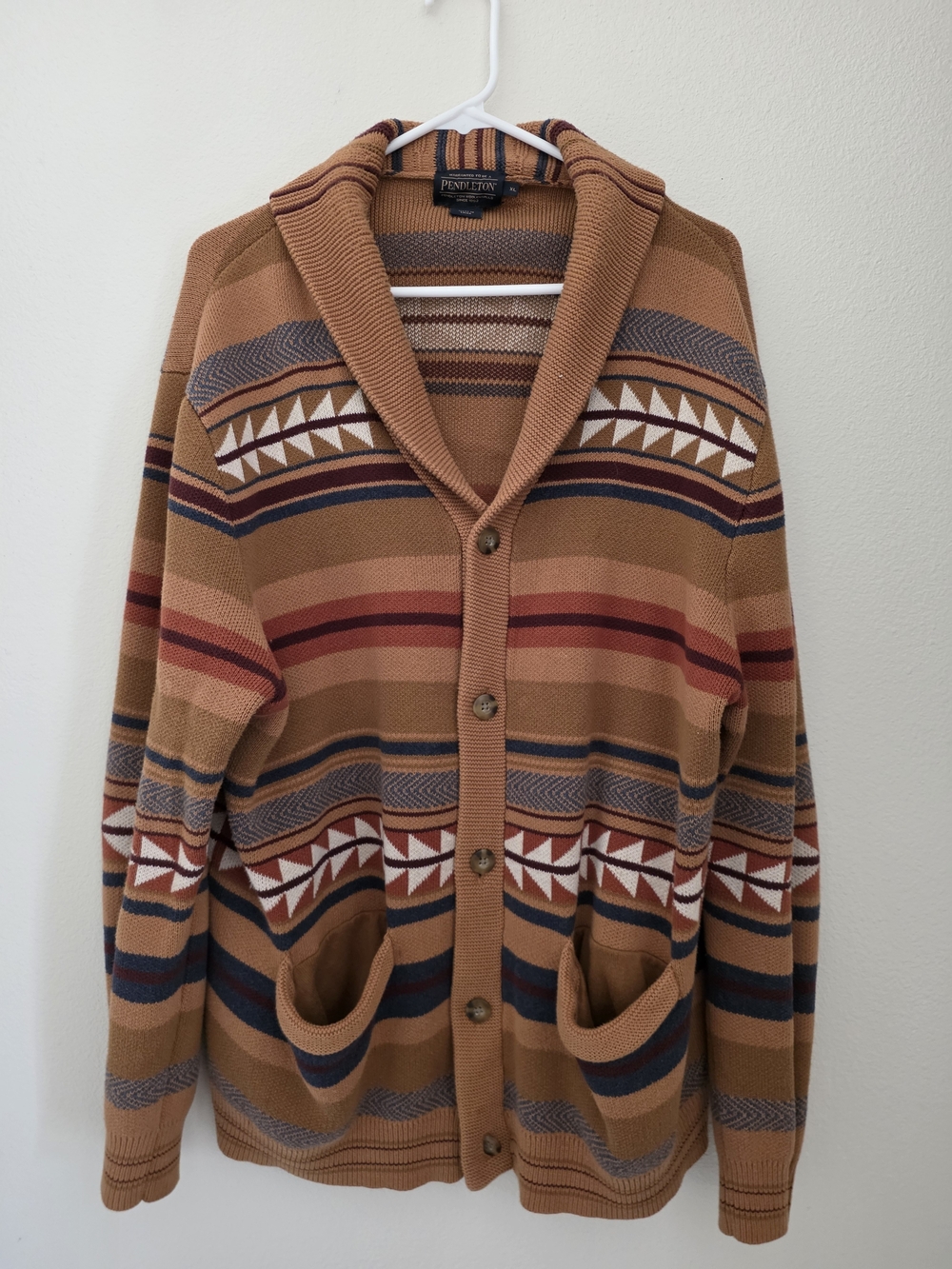 Pendleton Men’s Shawl Collar Cardigan Sweater - Camel, Rust & Navy